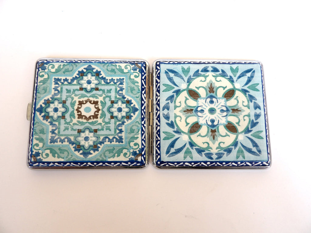Blue Tiles Credit Card Case, Regular Size Cigarrette Box, Smoking Accessory, Women Business Card Case, Cigarrette Wallet, Backpack Purse