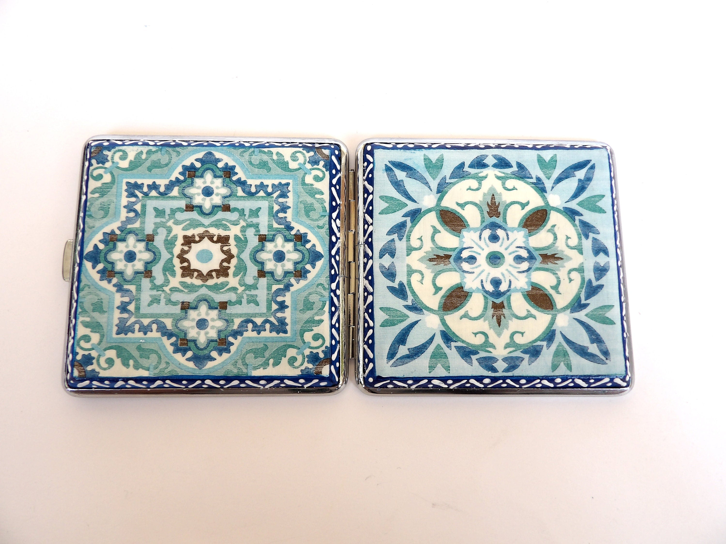 Blue Tiles Credit Card Case, Regular Size Cigarrette Box, Smoking Accessory, Women Business Card Case, Cigarrette Wallet, Backpack Purse