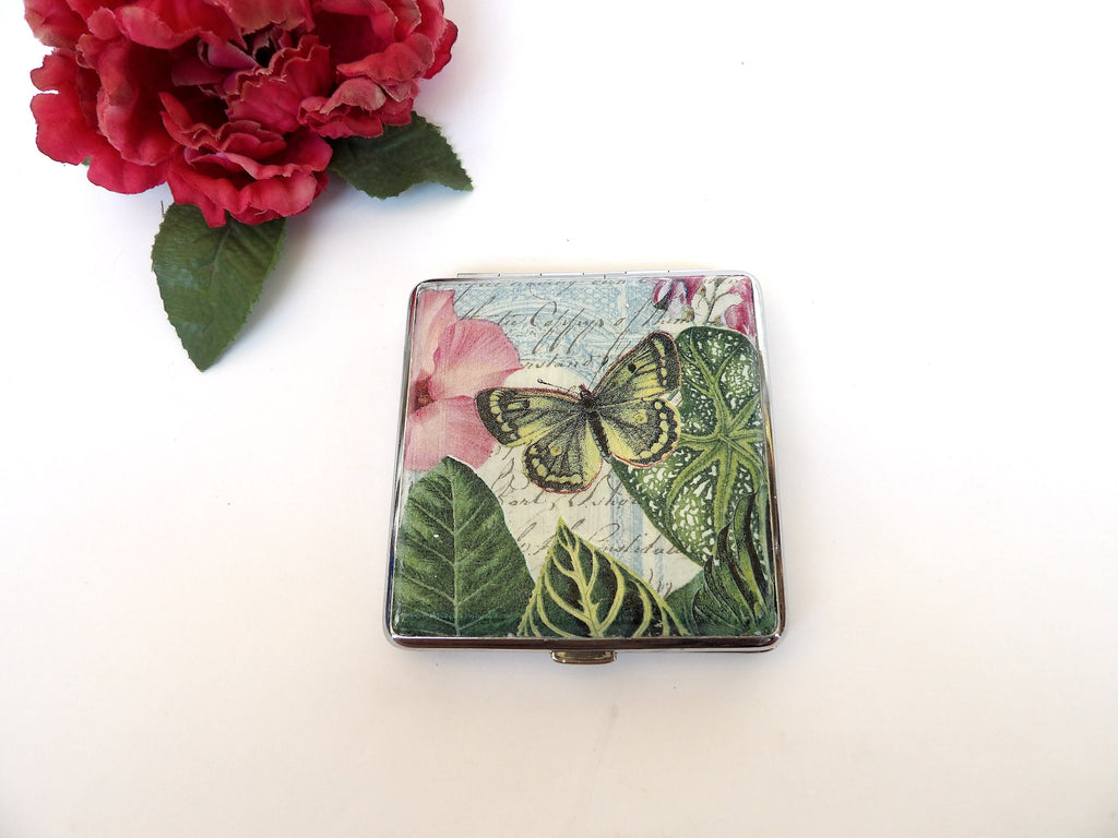 Cigarette Case with Butterflies, ID Card Case, Business Card Case, Distresed Floral Case, Credit Card Wallet, Tropical Cigarrette Holder