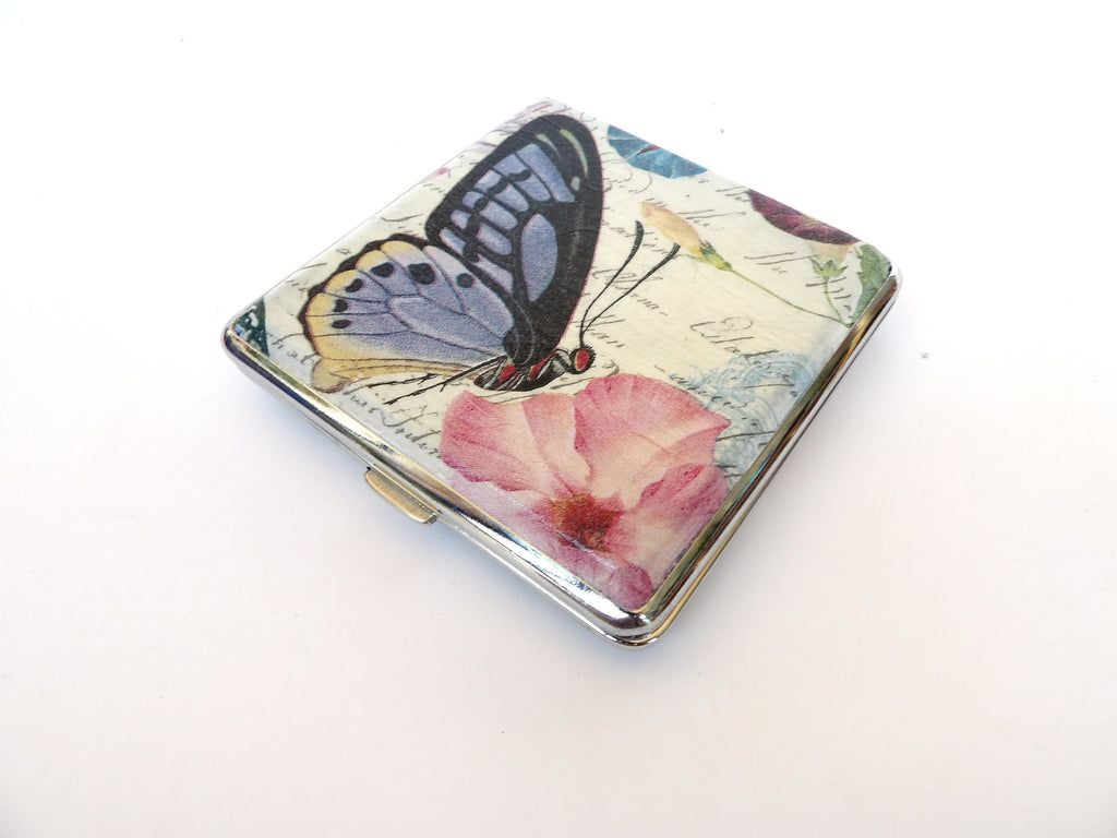 Cigarette Case with Butterflies, ID Card Case, Business Card Case, Distresed Floral Case, Credit Card Wallet, Tropical Cigarrette Holder