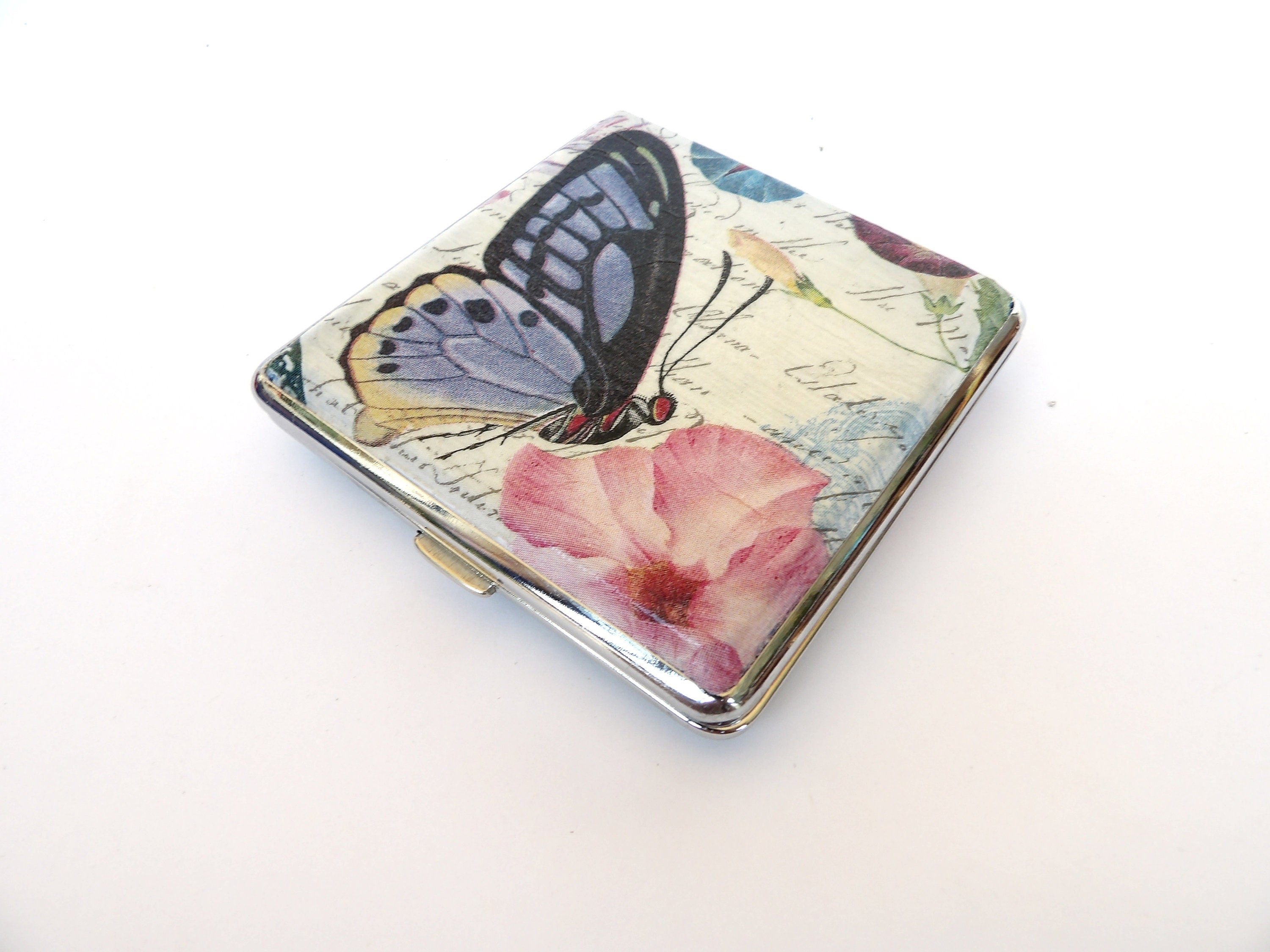 Cigarette Case with Butterflies, ID Card Case, Business Card Case, Distresed Floral Case, Credit Card Wallet, Tropical Cigarrette Holder