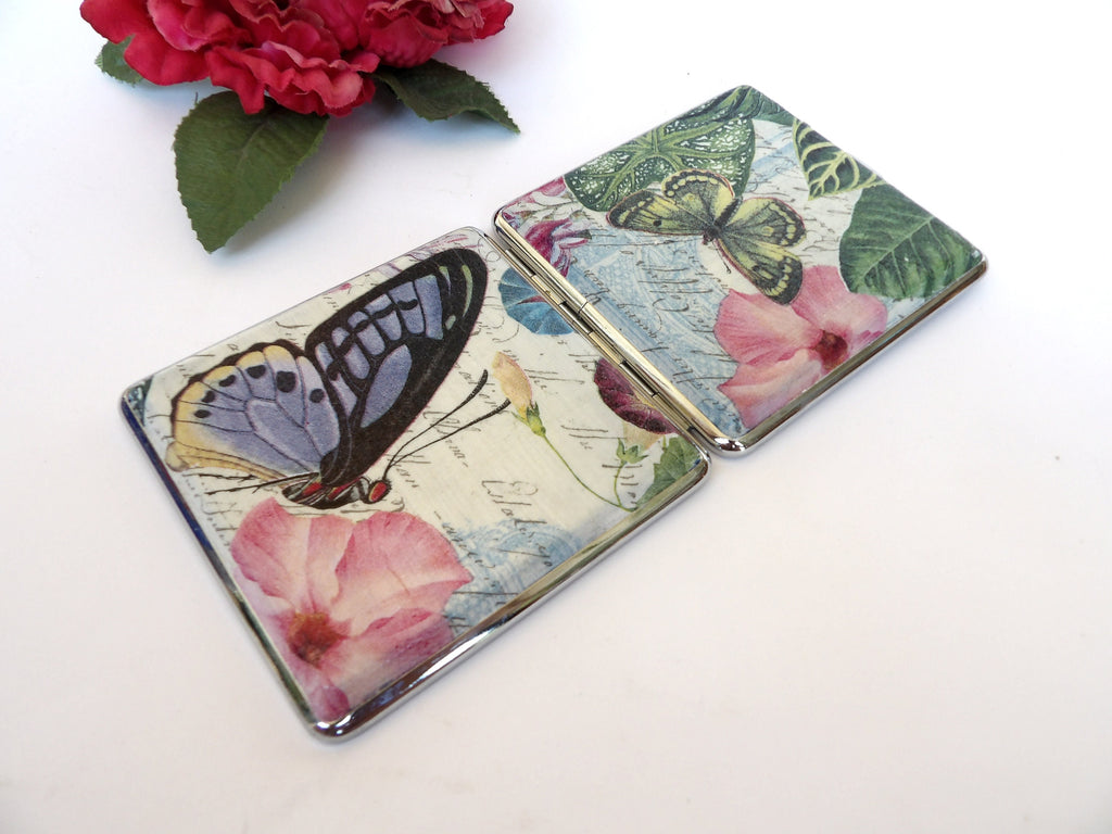 Cigarette Case with Butterflies, ID Card Case, Business Card Case, Distresed Floral Case, Credit Card Wallet, Tropical Cigarrette Holder