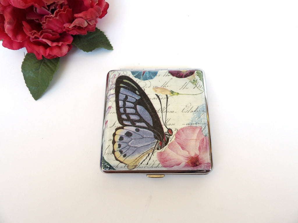 Cigarette Case with Butterflies, ID Card Case, Business Card Case, Distresed Floral Case, Credit Card Wallet, Tropical Cigarrette Holder