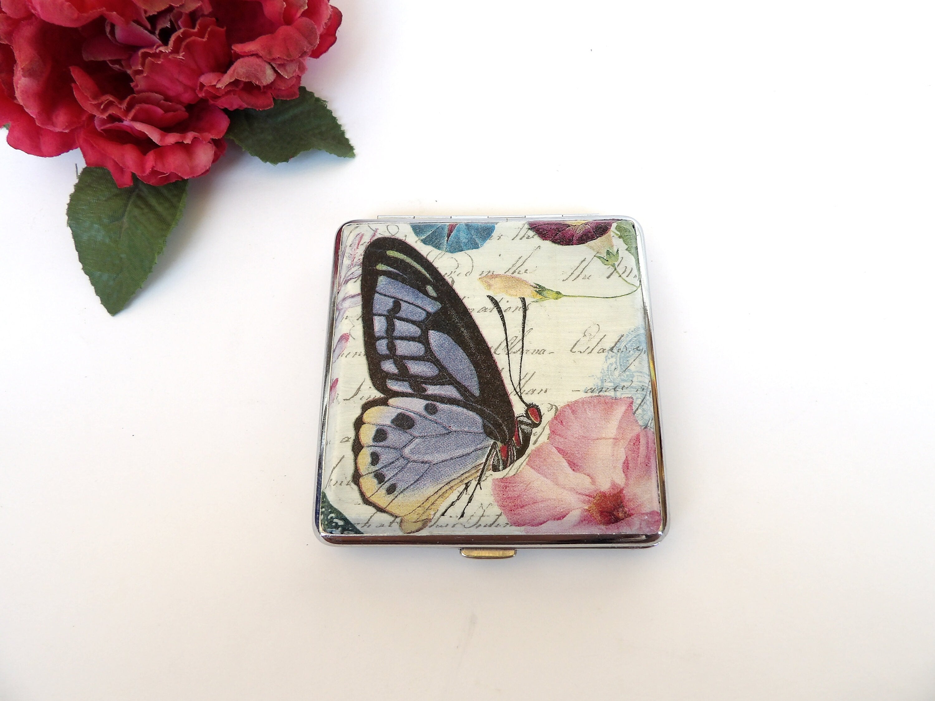 Cigarette Case with Butterflies, ID Card Case, Business Card Case, Distresed Floral Case, Credit Card Wallet, Tropical Cigarrette Holder