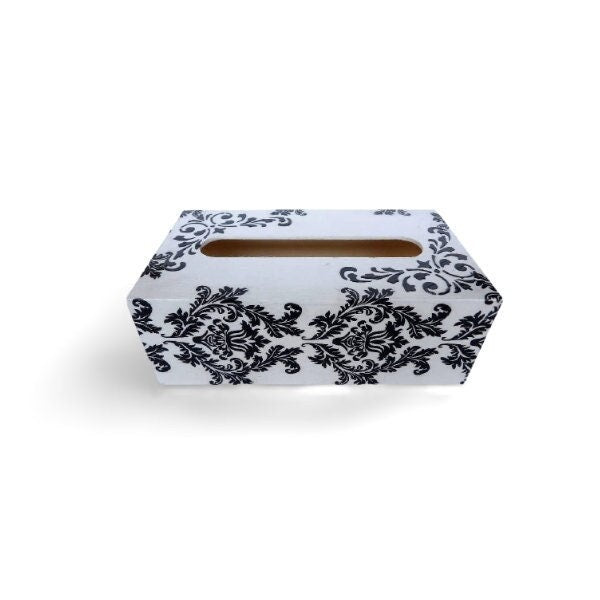 Wooden Tissue Box Cover: Black and White Damask