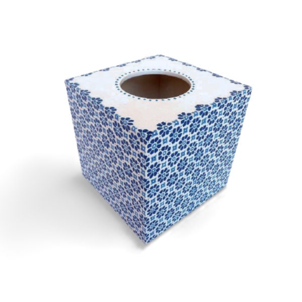 Blue Tissue Cover Box, Square Napkins Box, Wooden Napkins Holder, Housewarming Gift, Floral Design Box, Livingroom Decoration