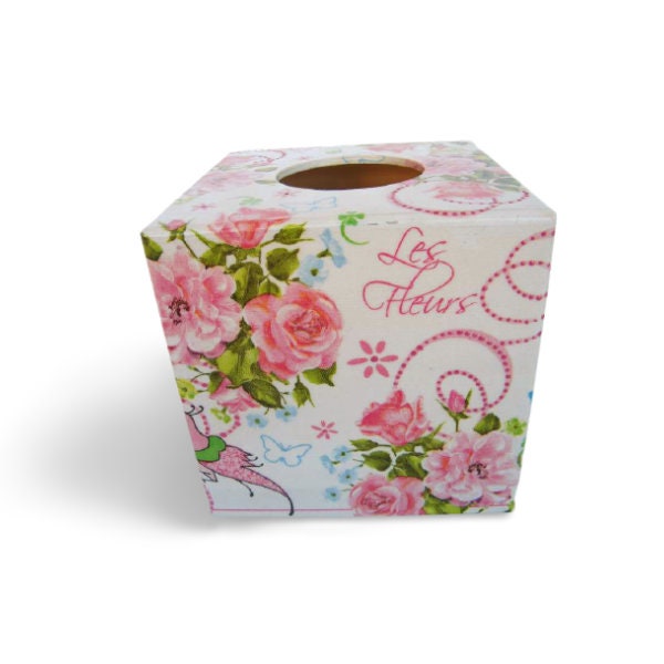 Square tissue cover box, Floral tissue holder, Roses napkins box, Tissue dispenser, Kithchen napkins holder, Shabby Shic Housewarming gift