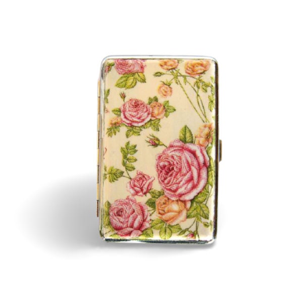 Slim cigarette case with roses, business card holder, cigarrette holder, credit card box, gift for smokers, gift for her, floral gift
