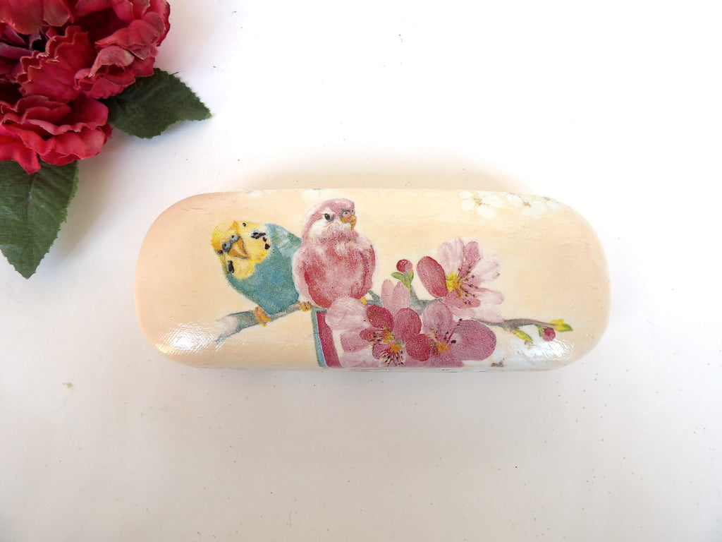 Eyeglass Case with Parrots, Hard Glasses Case, Storage Box, Spectacle Case with Budgies, Shabby Chic Case, Reading Accessory, Gift for Mom