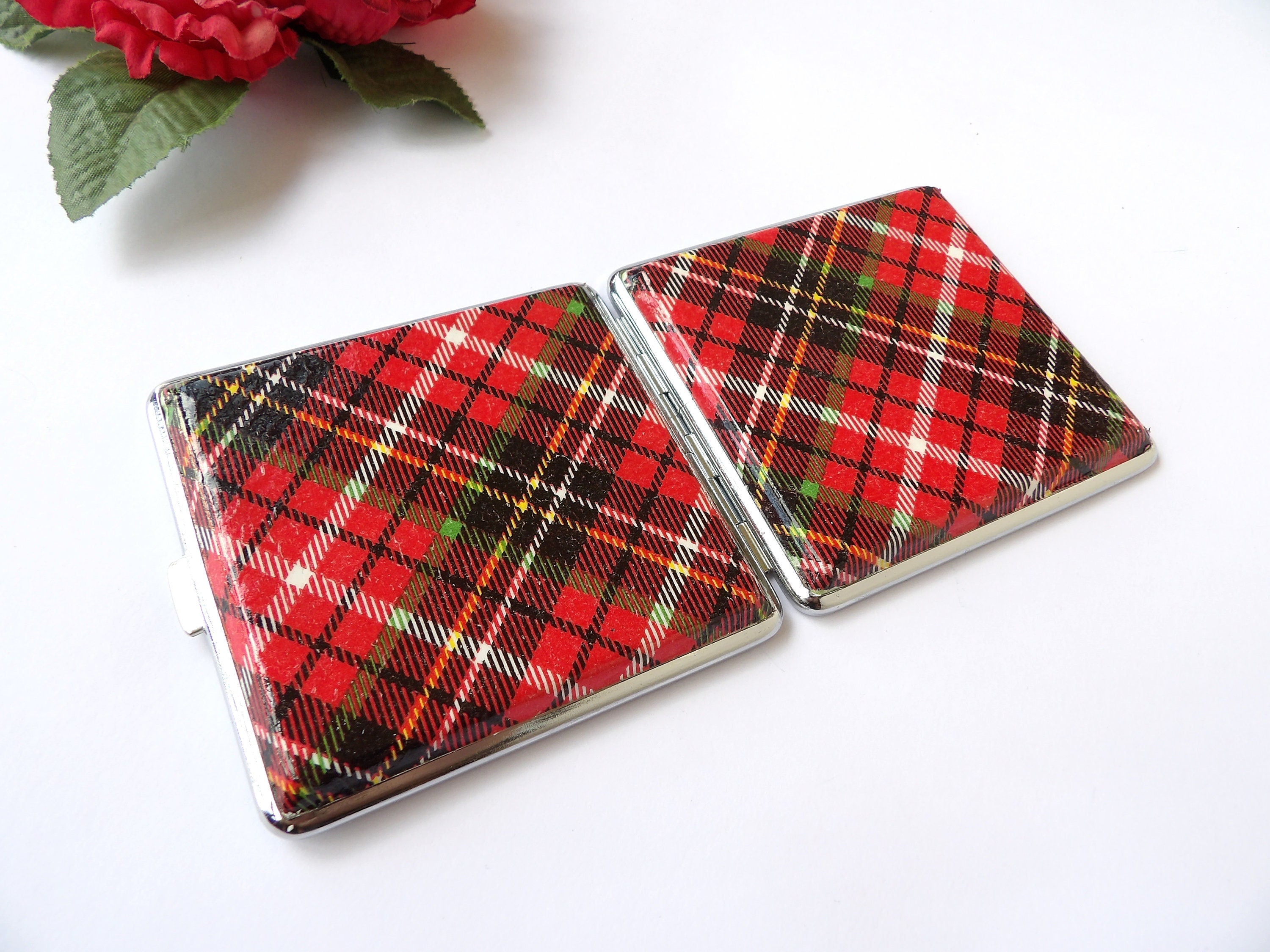 Estuche Tarjetero Cuadros Escoceses Rojos - Cigarrera Elegante - Tarjetero Unisex - Cartera Pequeña Buffalo Plaid