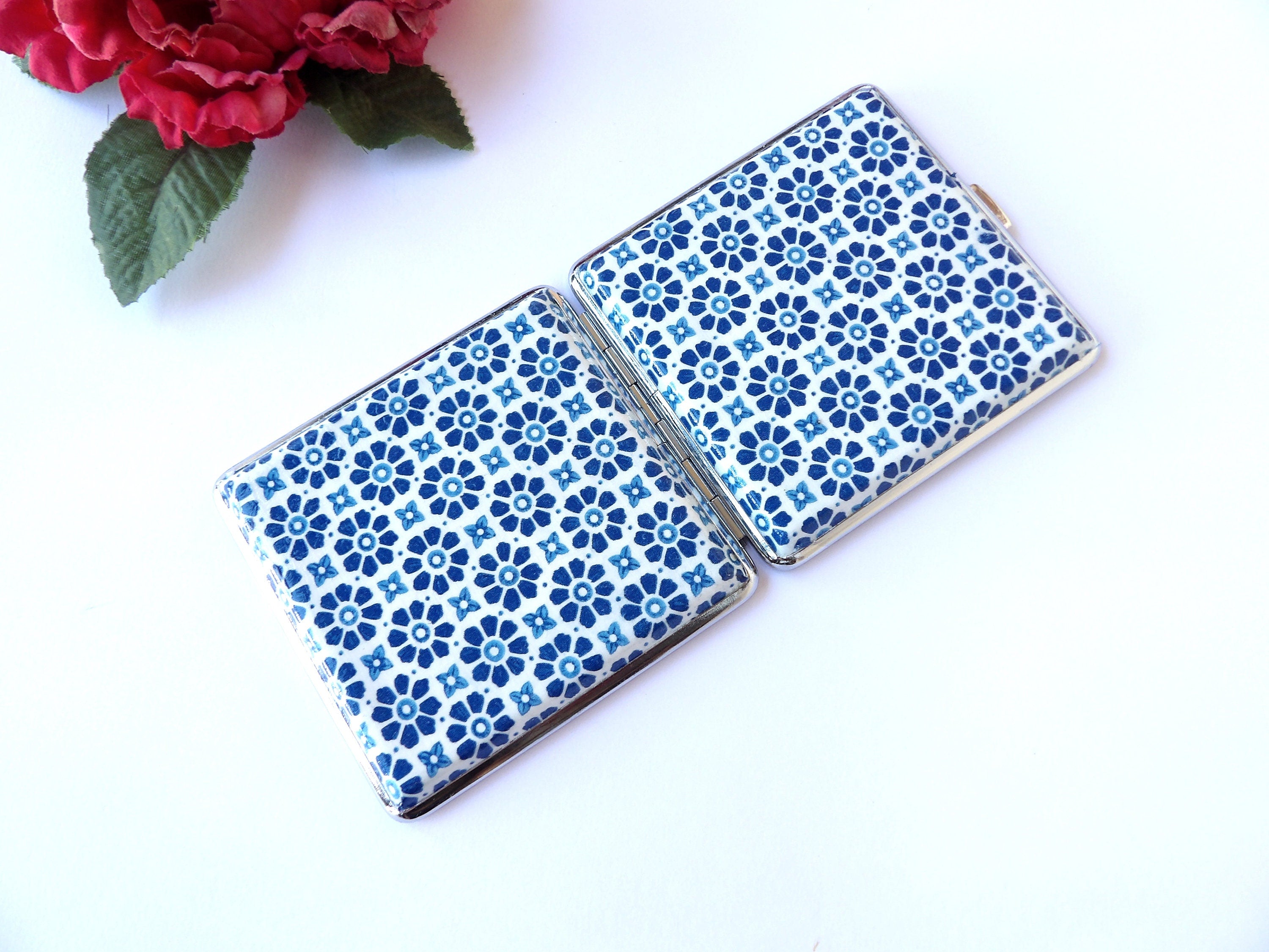 Mediterranean Tiles Cigarette Case, ID Card Case, Business Card Case, Distresed Blue Case, Credit Card Wallet, Fashion Cigarette Holder