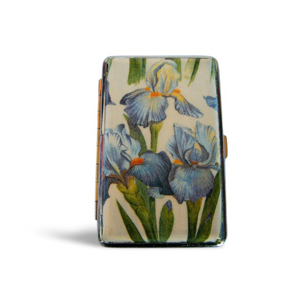 Cigarette case 100's with blue iris, business card holder, cigarrette holder for woman, credit card box, gift for smokers, clutch case