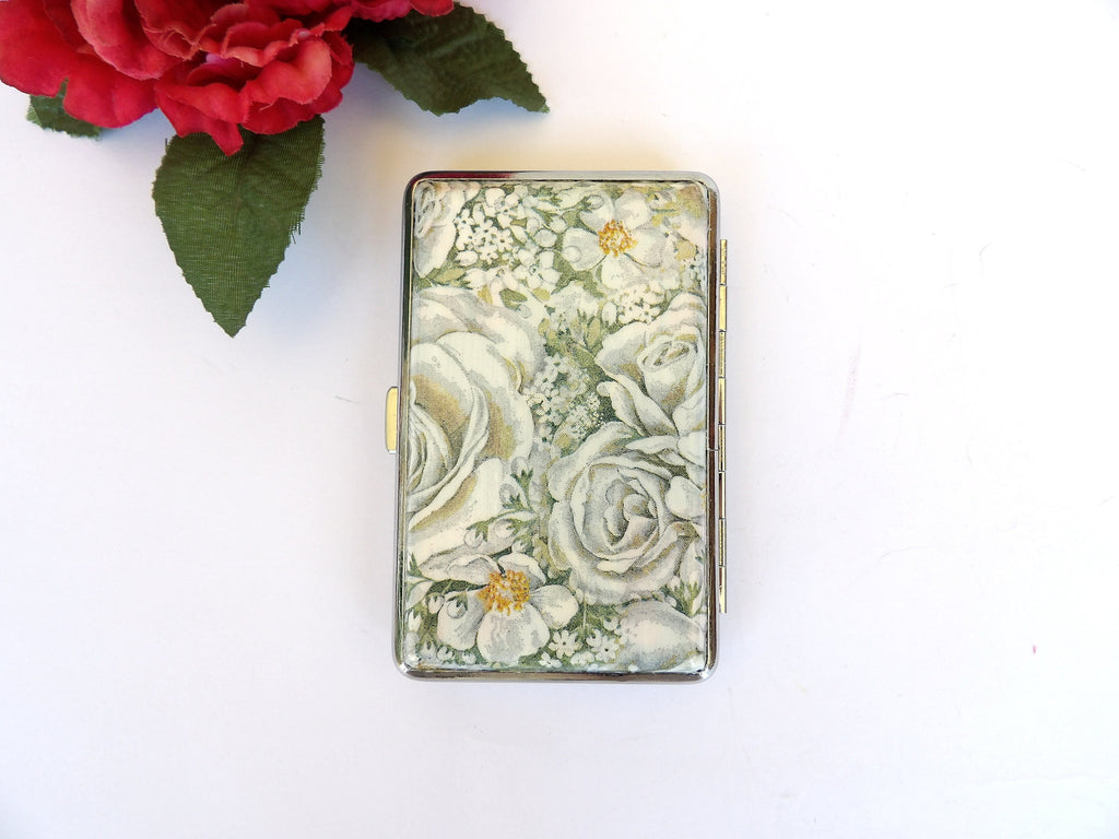 Slim 100's Cigarrette Case with White roses , Floral Business Card Case, Gift for Smokers, Elegant Gift for Her, Credit Card Case, Bag Purse