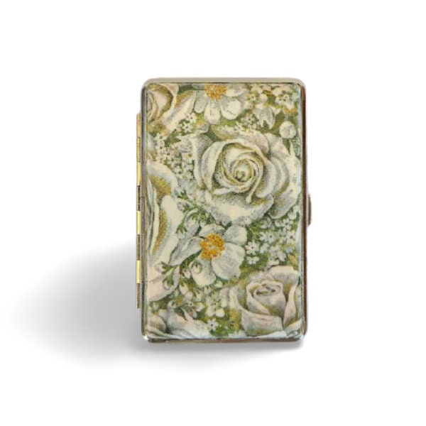Slim 100's Cigarrette Case with White roses , Floral Business Card Case, Gift for Smokers, Elegant Gift for Her, Credit Card Case, Bag Purse