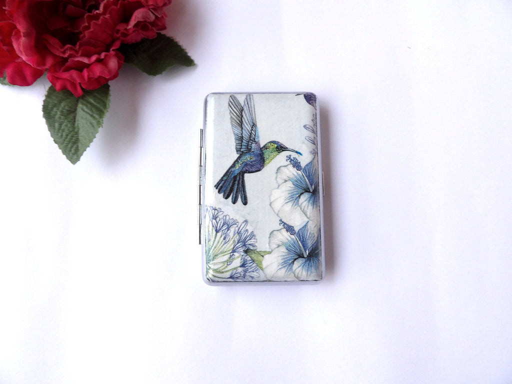 Cigarrette case with Hummingbird, 100s slim cigarette box, Blue White pattern, floral pattern, business card case, elegant gift for her