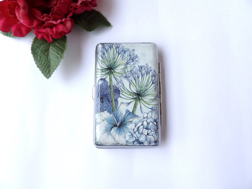 Cigarrette case with Hummingbird, 100s slim cigarette box, Blue White pattern, floral pattern, business card case, elegant gift for her