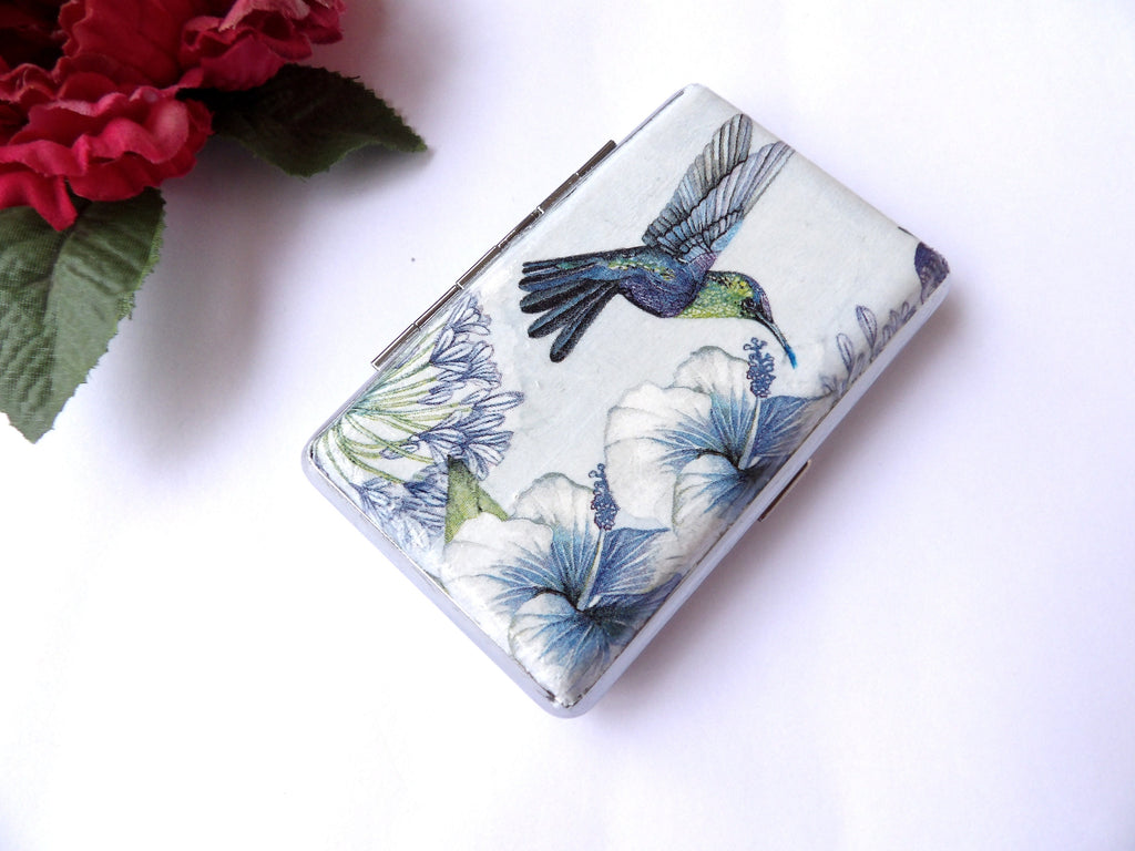 Cigarrette case with Hummingbird, 100s slim cigarette box, Blue White pattern, floral pattern, business card case, elegant gift for her
