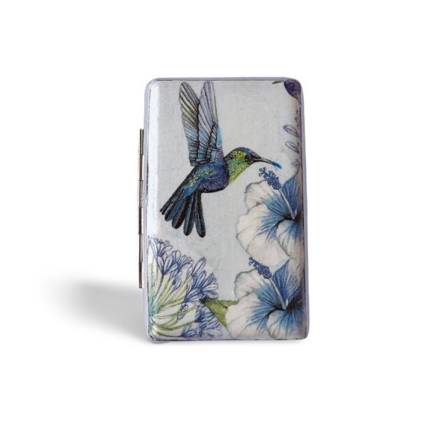 Cigarrette case with Hummingbird, 100s slim cigarette box, Blue White pattern, floral pattern, business card case, elegant gift for her