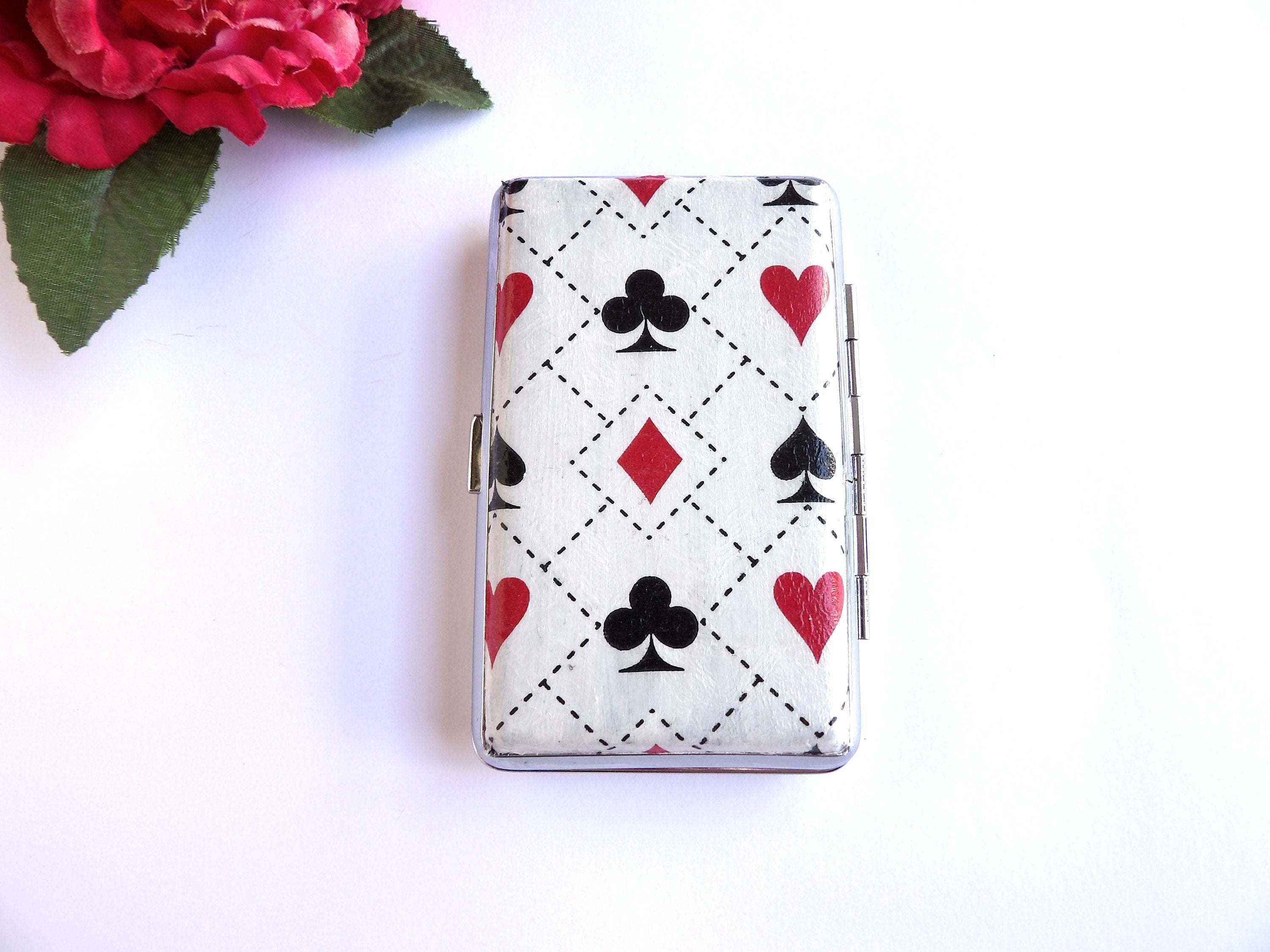 Cigarrette case with poker cards, 100's slim cigarette box, Playing card pattern, business card case, elegant gift for him or her