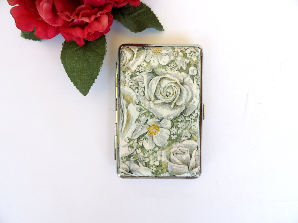 Slim 100's Cigarrette Case with White roses , Floral Business Card Case, Gift for Smokers, Elegant Gift for Her, Credit Card Case, Bag Purse
