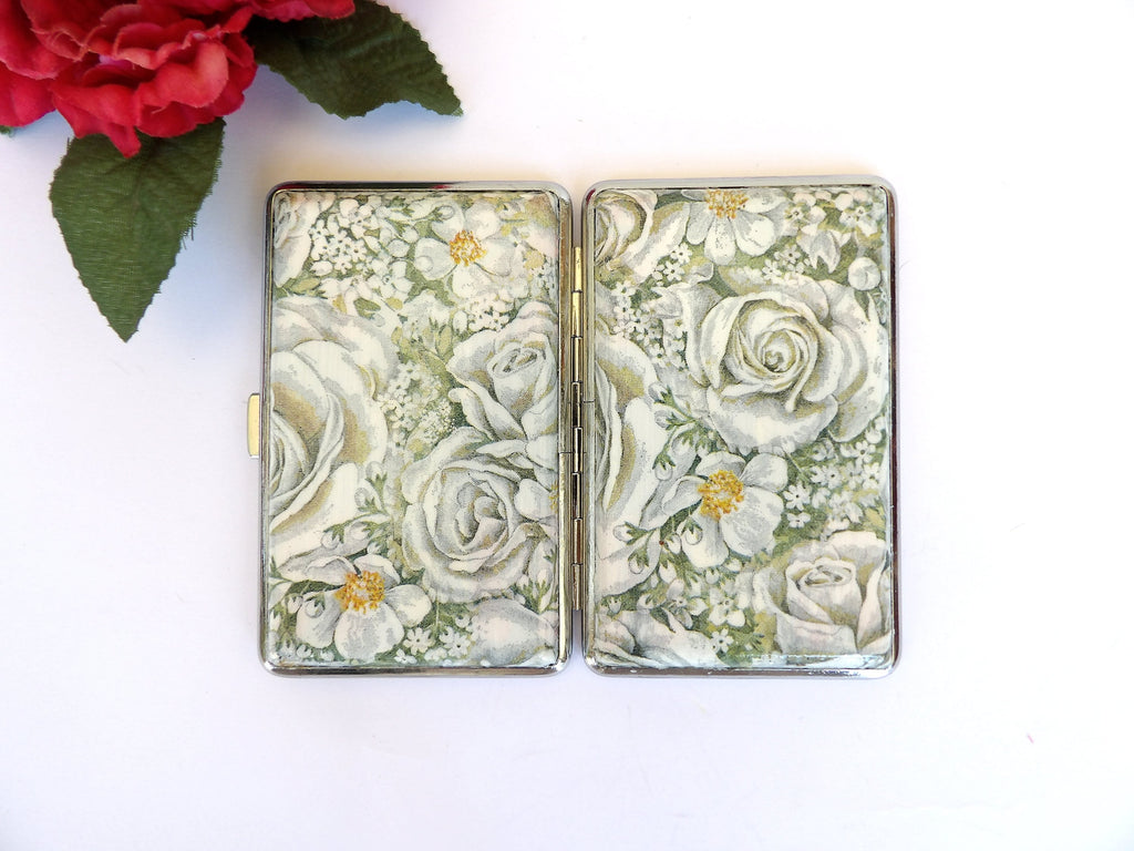 Slim 100's Cigarrette Case with White roses , Floral Business Card Case, Gift for Smokers, Elegant Gift for Her, Credit Card Case, Bag Purse