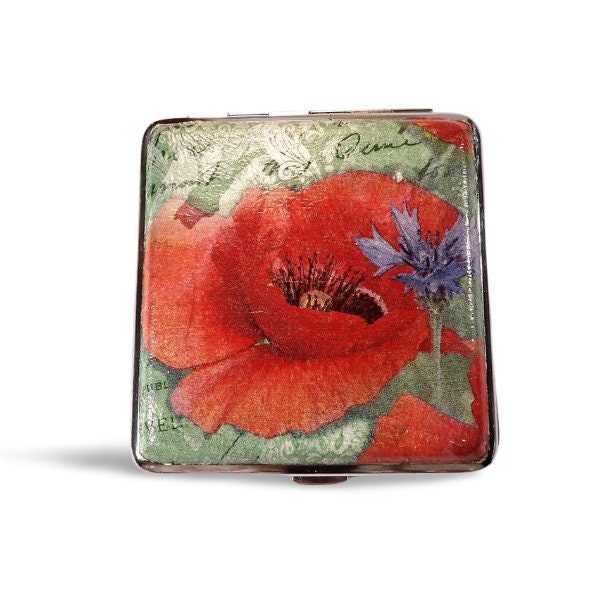 Red Poppy Cigarette Case, Credit Card Case, King Size Cigarette Box, Gift for Smokers, Vintage Cigarrette Wallet, Bag Accessory