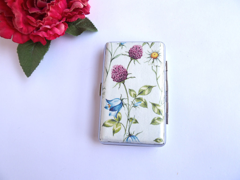 Wild flowers cigarrette case, 100s slim cigarette box, Gentle floral pattern case, business card case, elegant gift for her, thin case