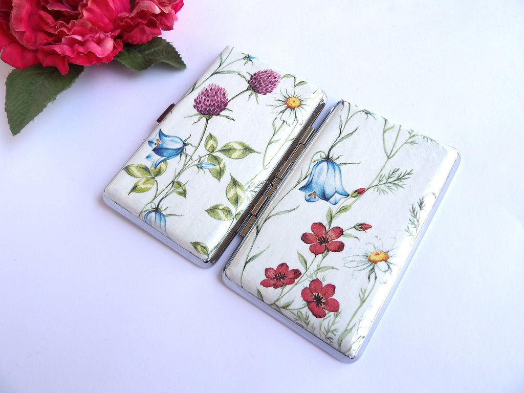 Wild flowers cigarrette case, 100s slim cigarette box, Gentle floral pattern case, business card case, elegant gift for her, thin case