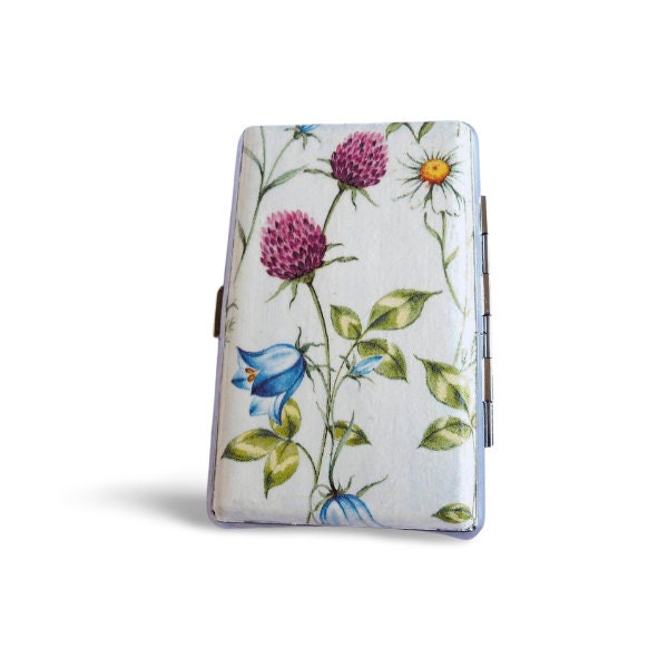 Wild flowers cigarrette case, 100s slim cigarette box, Gentle floral pattern case, business card case, elegant gift for her, thin case