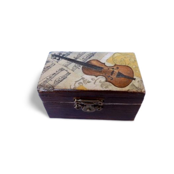 Wooden jewelry box with violin, small trinket box for musicians, OOAK art box, rustic box, gift for music teacher, strings lover gift