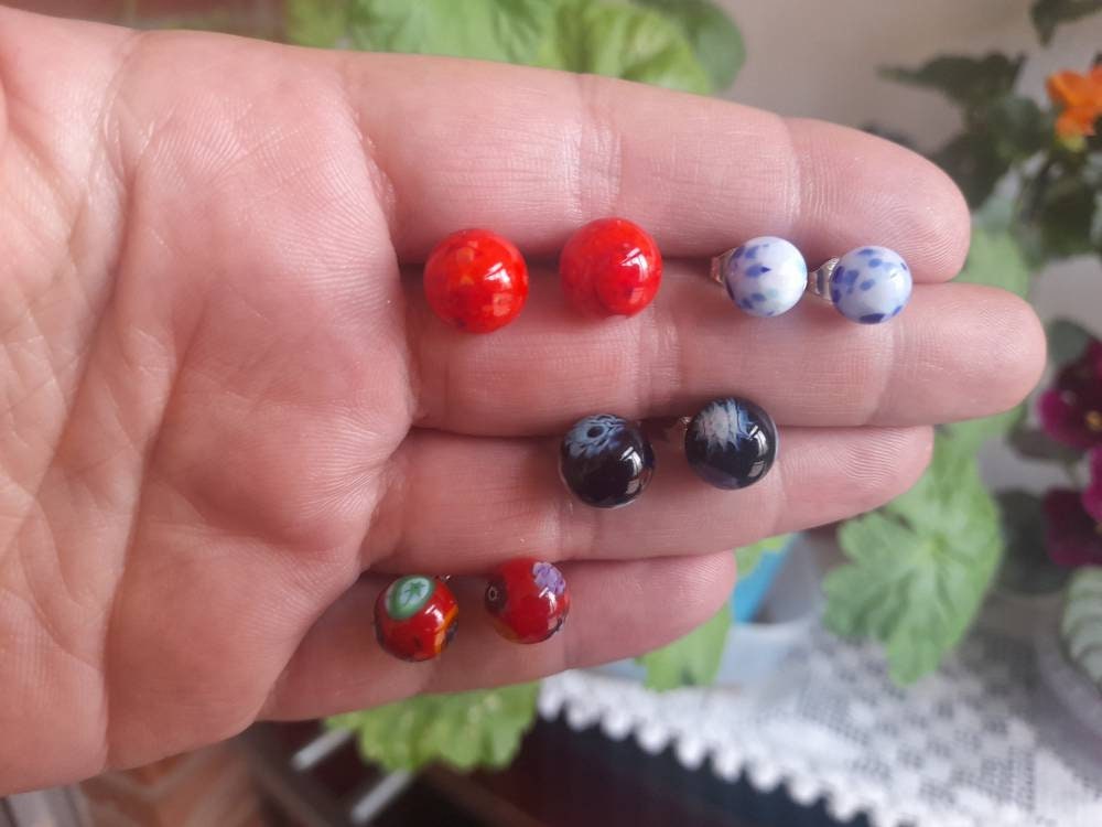 Murano Glass Stud Earrings, Millefiori Earrings, Round Bead Minimalistic Earrings,  Handmade Murano, Murano Jewerly Art