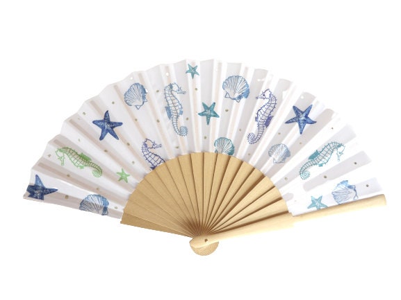 Hand Fan for Beach wedding, Folding Fan with Shells and Sea Horse, Nautical Wedding Hand Fan, Scllop Handheld fan, Summer Accessory for Wife