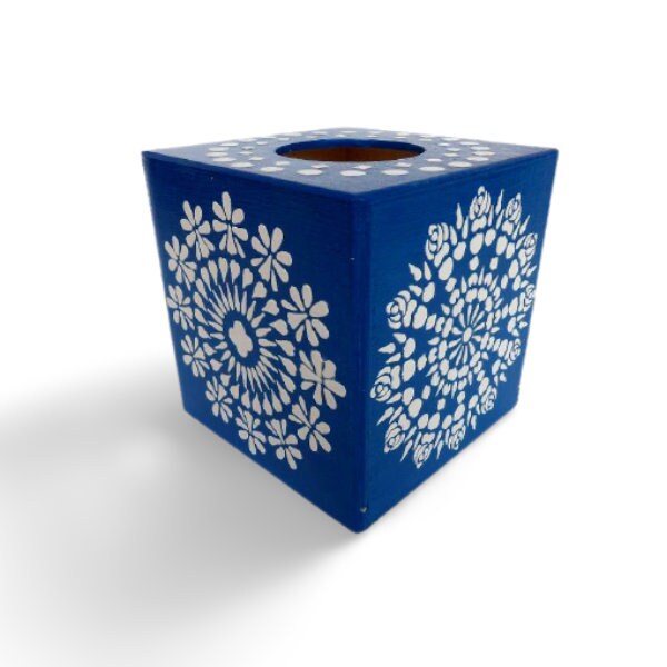 Handmade Wooden Tissue Box Cover – Blue and White Floral Mandala Design | Decorative Rustic Tissue Holder for Home and Office