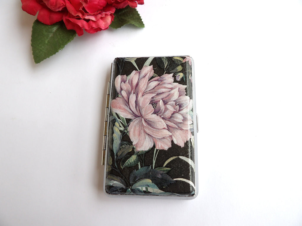 Slim 100 cigarrette case with pink floral design, 100's cigarette box, floral business card case, credit card case, elegant gift for her