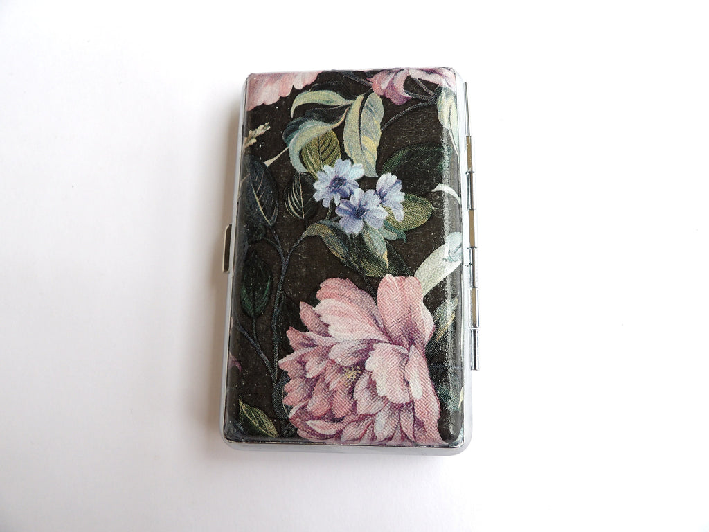 Slim 100 cigarrette case with pink floral design, 100's cigarette box, floral business card case, credit card case, elegant gift for her