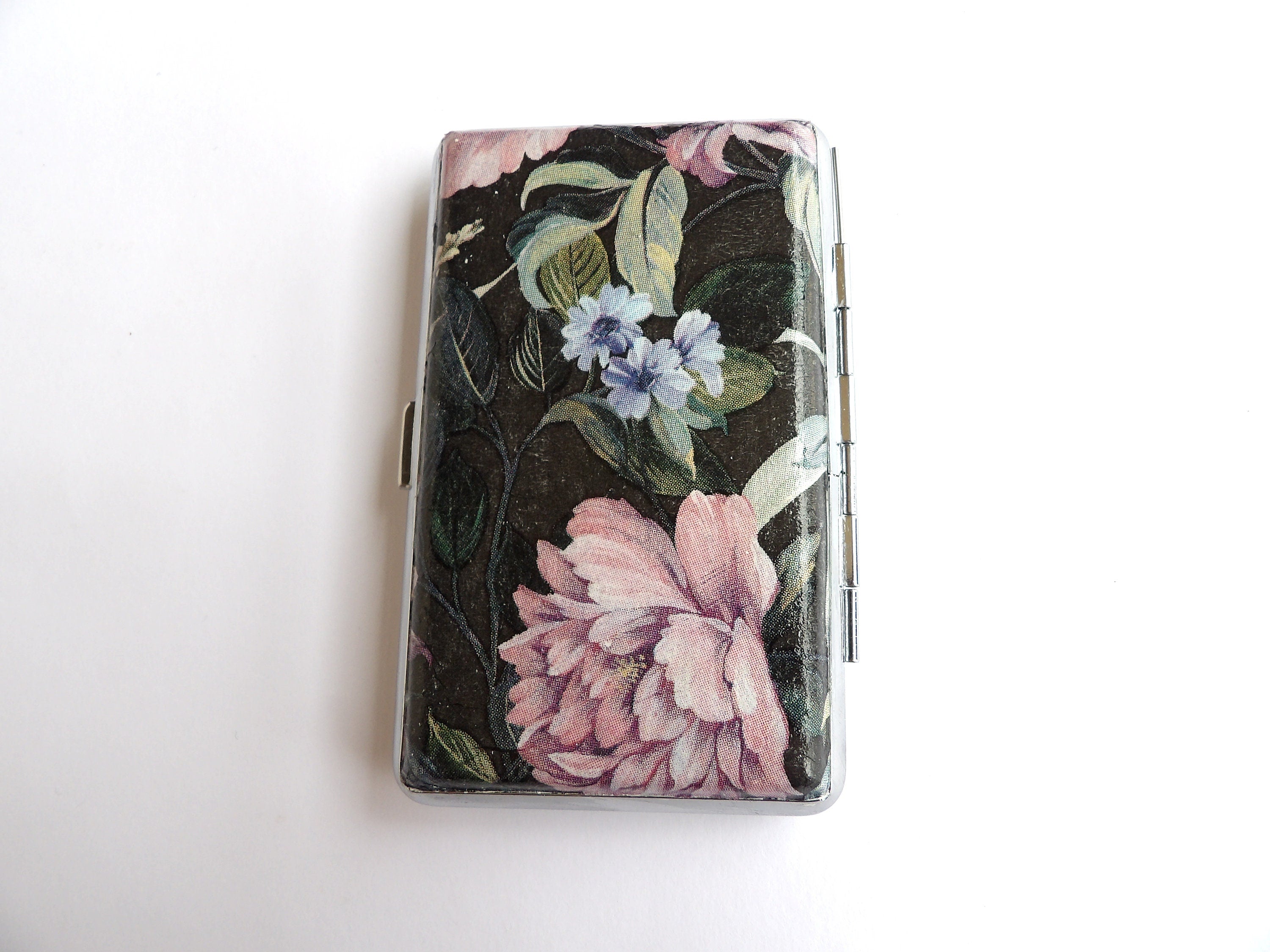 Slim 100 cigarrette case with pink floral design, 100's cigarette box, floral business card case, credit card case, elegant gift for her