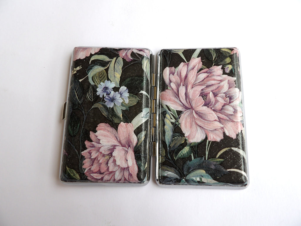 Slim 100 cigarrette case with pink floral design, 100's cigarette box, floral business card case, credit card case, elegant gift for her