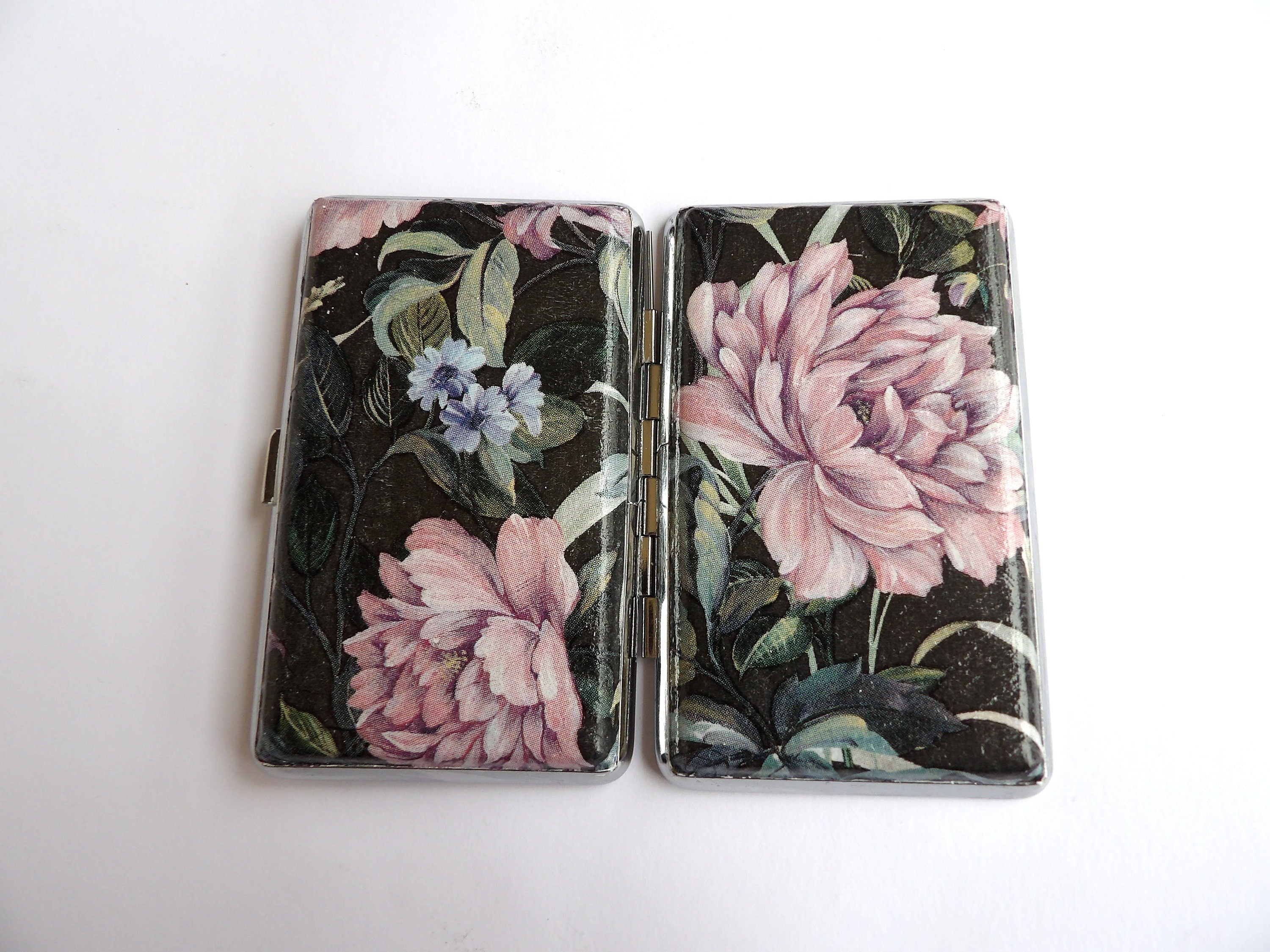 Slim 100 cigarrette case with pink floral design, 100's cigarette box, floral business card case, credit card case, elegant gift for her
