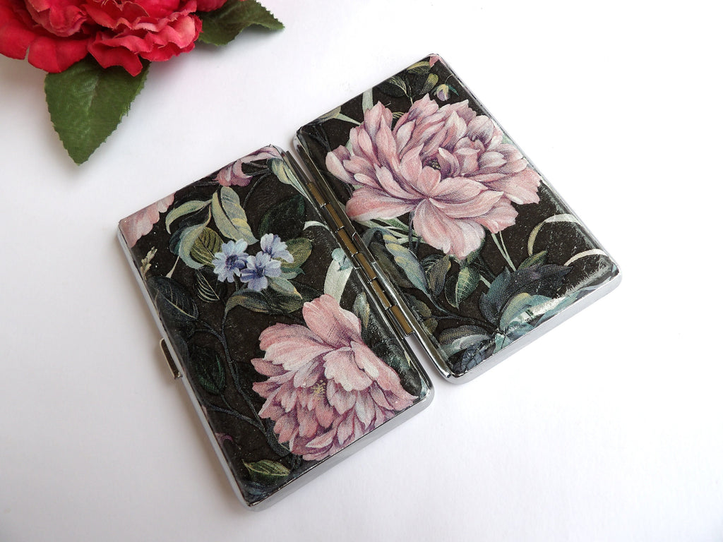 Slim 100 cigarrette case with pink floral design, 100's cigarette box, floral business card case, credit card case, elegant gift for her