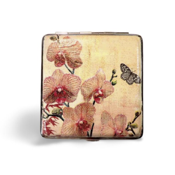 Orchid Cigarette Case, Floral ID Card Case, Business Card Case, Distresed Floral Box, Credit Card Wallet, Fashion Cigarrette Holder