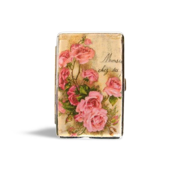 Vintage Roses Slim 100s Cigarrette Case, Business Card Holder, Cigarette Holder, Credit Card Box, Women Purse, Floral Gift for Her,