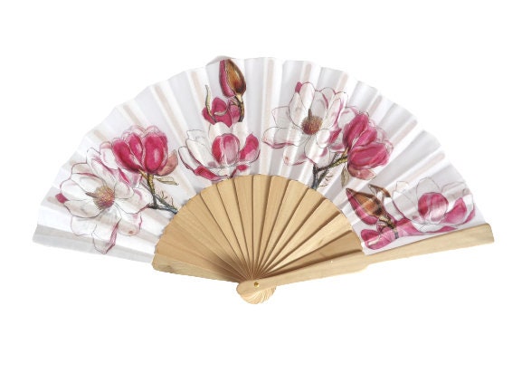 Pink Magnolia Hand Fan, Floral Holding Fan, Wedding Gift, Bride Accessory, Symbol of Dignity & Perseverance, Gift for Plant lovers