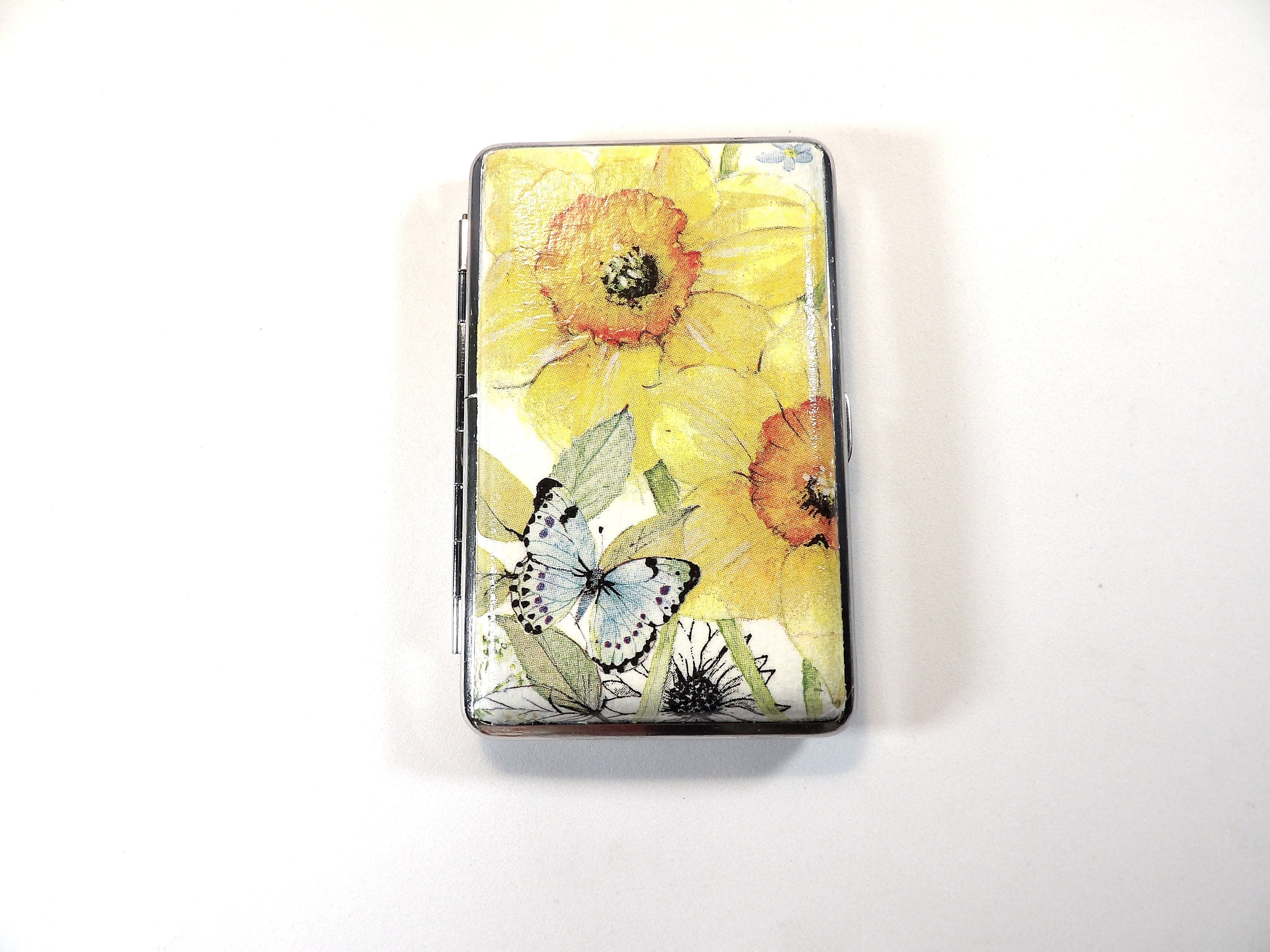 Daffodil Cigarrette Case, 100s Slim Cigarette Box, Butterfly Card Case, Floral Pattern Box, Business Card Case, Elegant Gift for Her