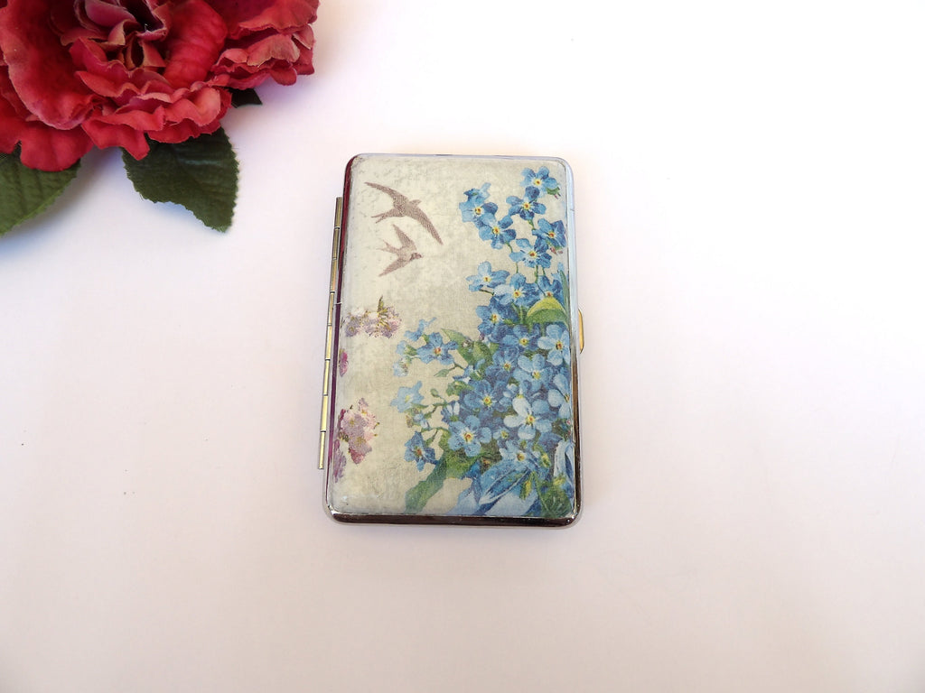 Blue wild flowers cigarrette case, 100s slim cigarette box, Gentle floral pattern case, business card case for her, flying birds design,
