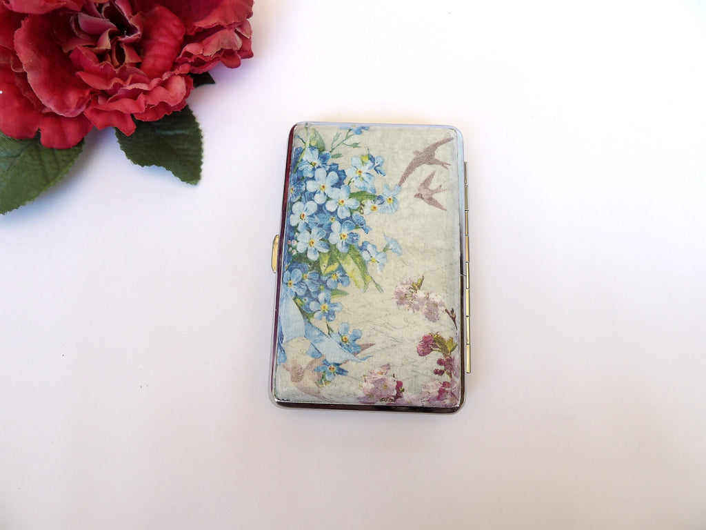 Blue wild flowers cigarrette case, 100s slim cigarette box, Gentle floral pattern case, business card case for her, flying birds design,