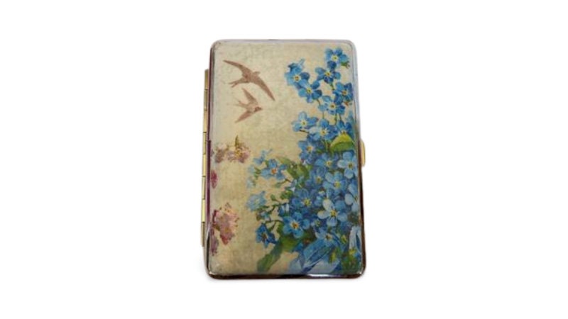 Blue wild flowers cigarrette case, 100s slim cigarette box, Gentle floral pattern case, business card case for her, flying birds design,