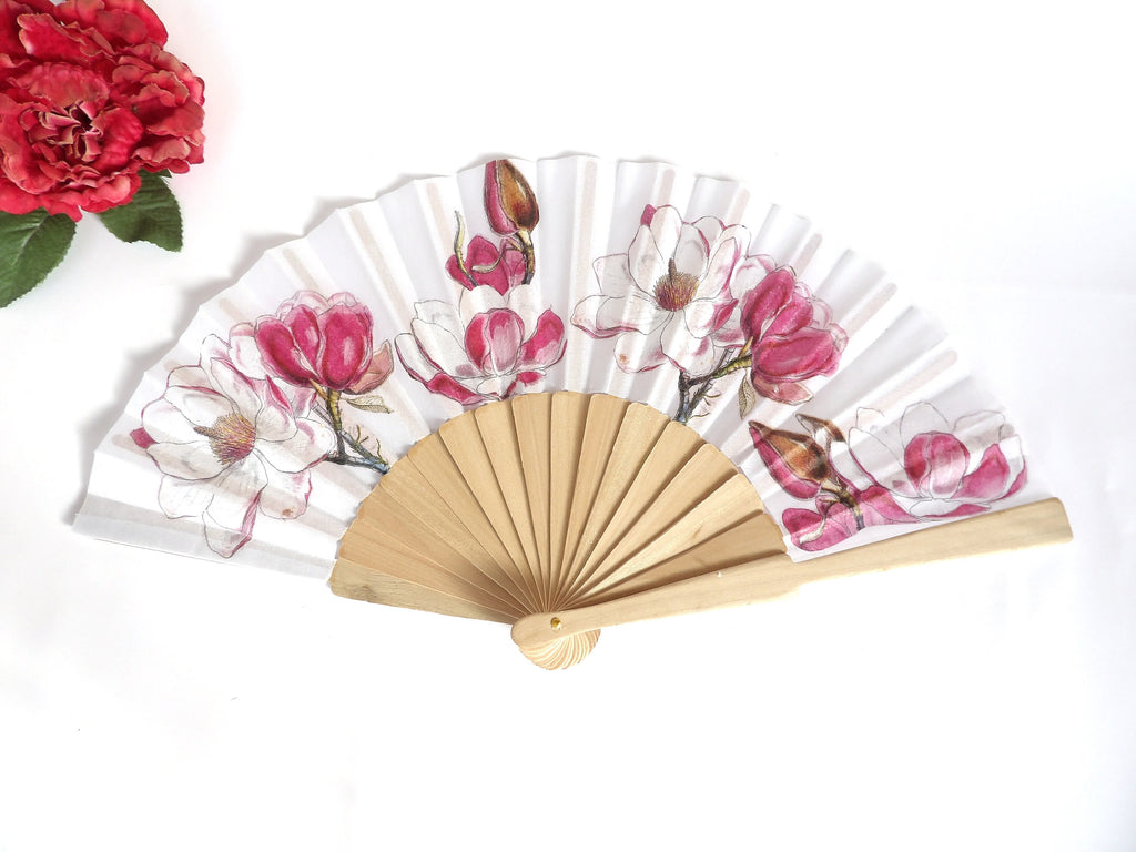 Pink Magnolia Hand Fan, Floral Holding Fan, Wedding Gift, Bride Accessory, Symbol of Dignity & Perseverance, Gift for Plant lovers