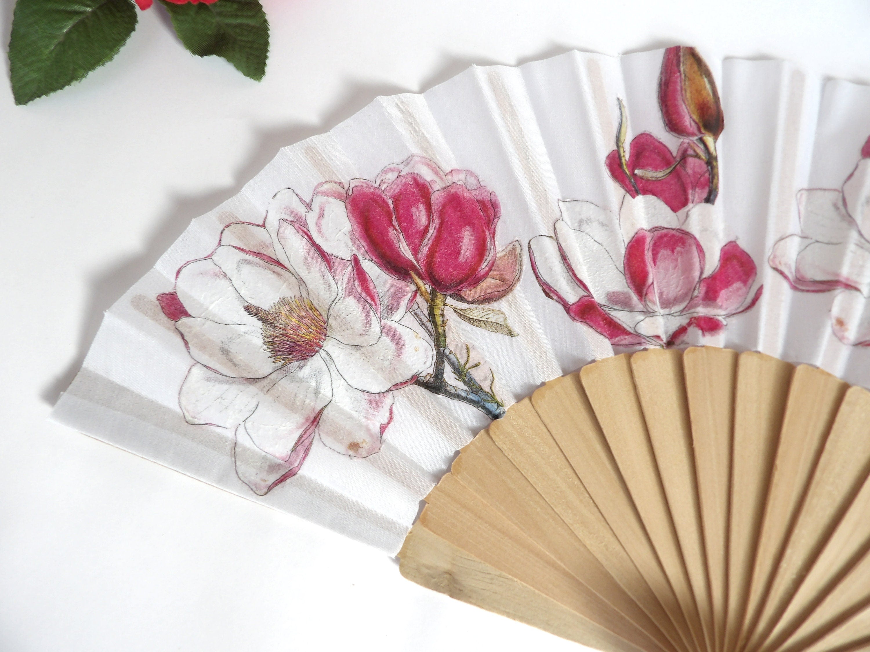 Pink Magnolia Hand Fan, Floral Holding Fan, Wedding Gift, Bride Accessory, Symbol of Dignity & Perseverance, Gift for Plant lovers