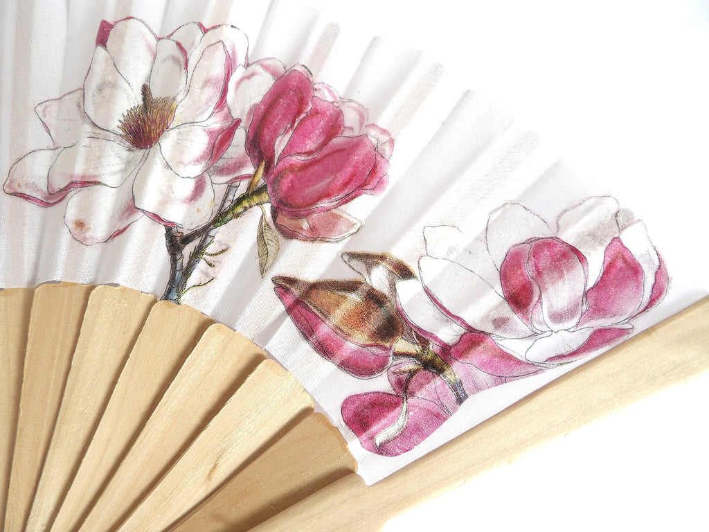 Pink Magnolia Hand Fan, Floral Holding Fan, Wedding Gift, Bride Accessory, Symbol of Dignity & Perseverance, Gift for Plant lovers