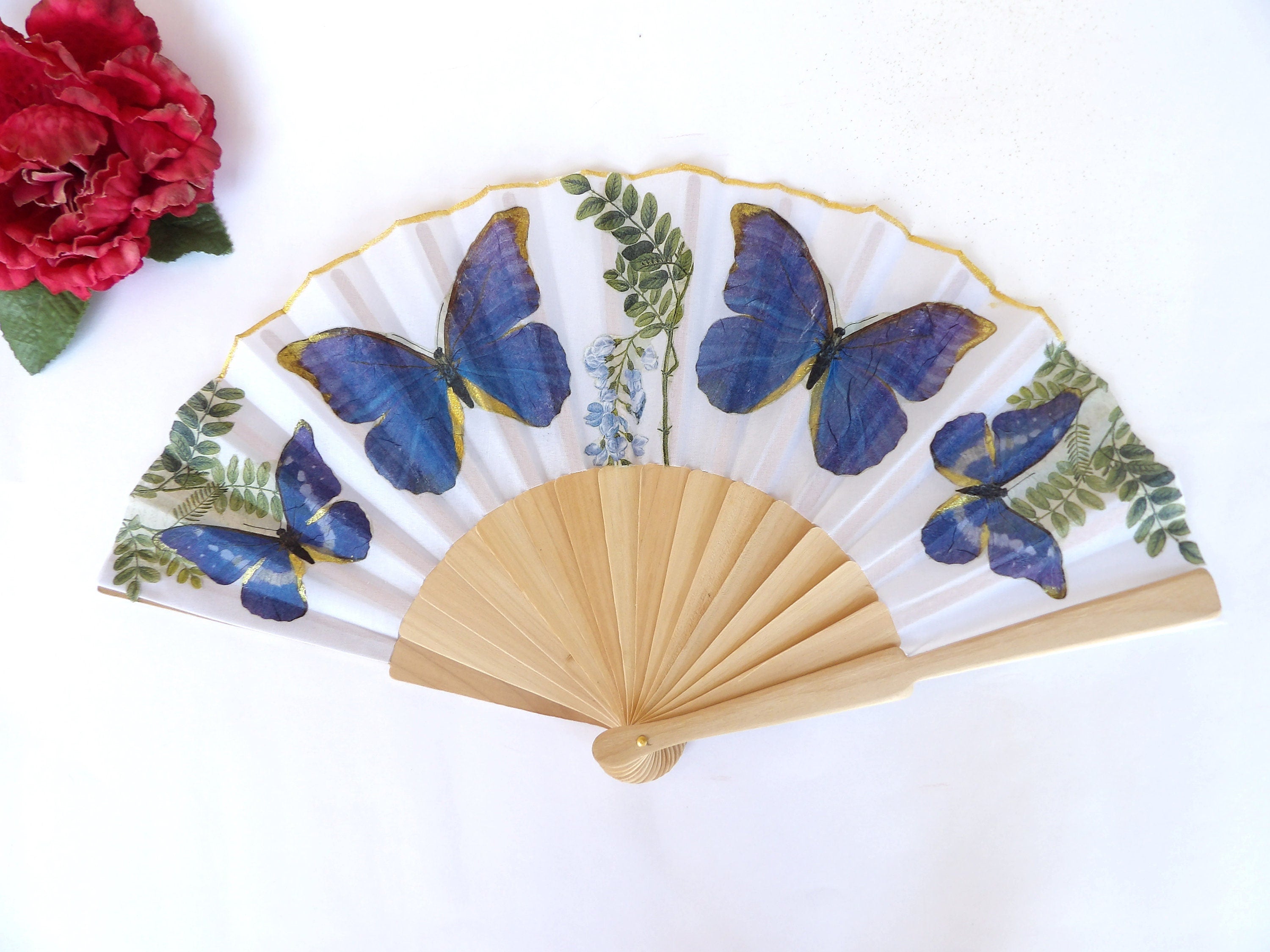 Blue Butterfly Hand Fan: Folding Wedding Accessory